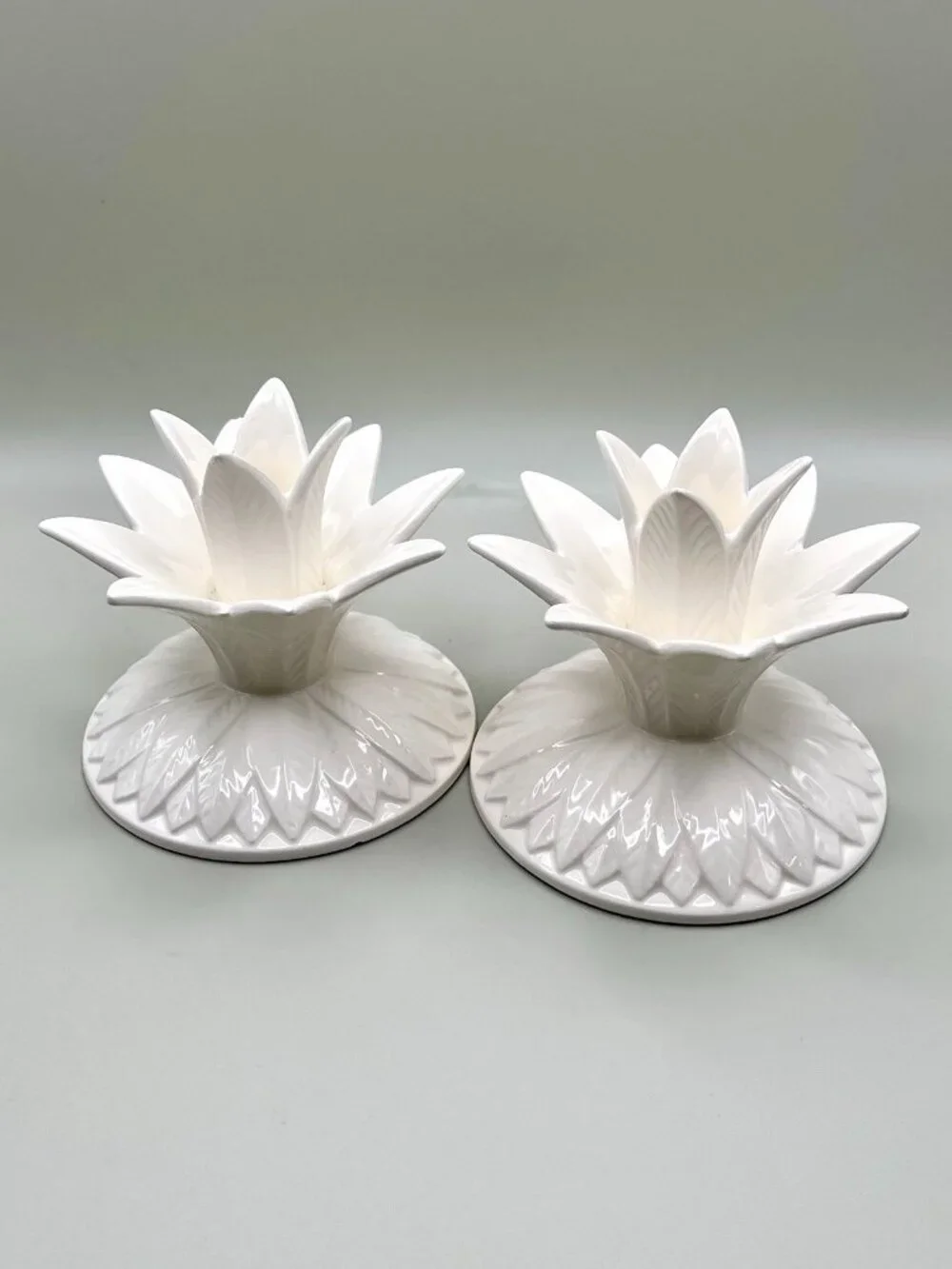 VTG Fitz & Floyd 1976 White Ceramic Lotus Flower Candle Holders Hollywood Lily